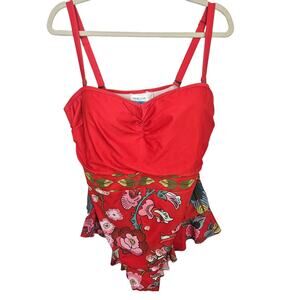 ModCloth Swimsuit One Piece Swimsuit Women 1X Red Floral Bathing Suit Ruffle